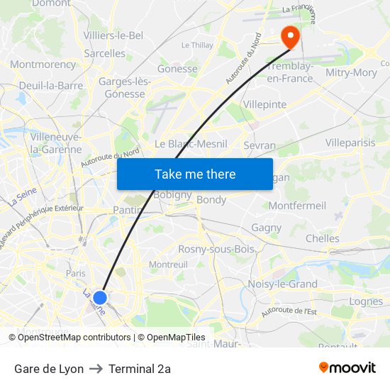 Gare de Lyon to Terminal 2a map