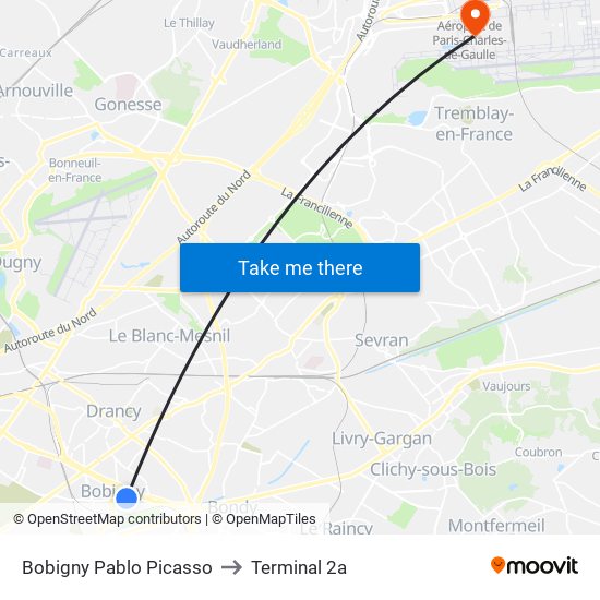 Bobigny Pablo Picasso to Terminal 2a map