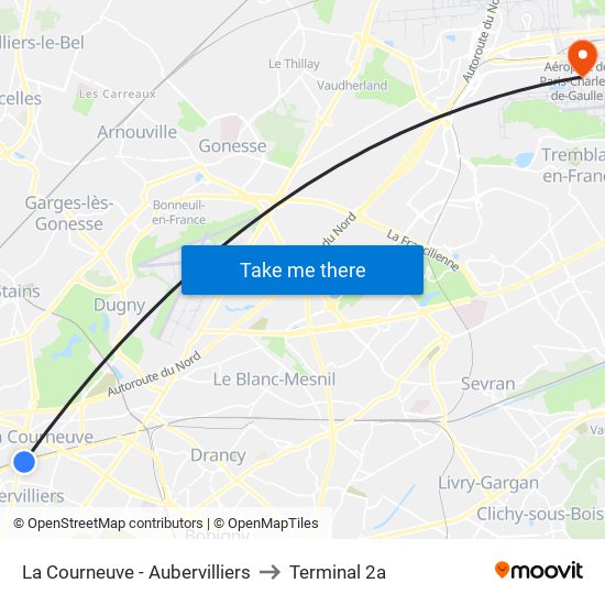 La Courneuve - Aubervilliers to Terminal 2a map