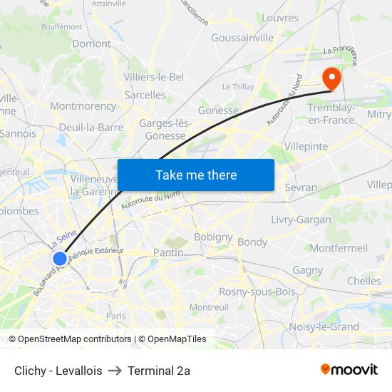 Clichy - Levallois to Terminal 2a map