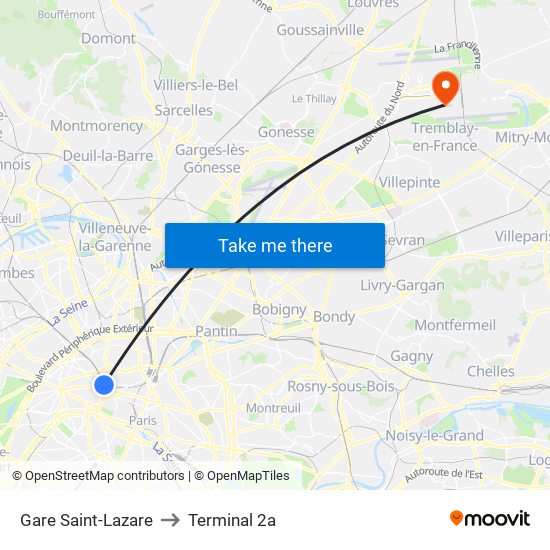 Gare Saint-Lazare to Terminal 2a map