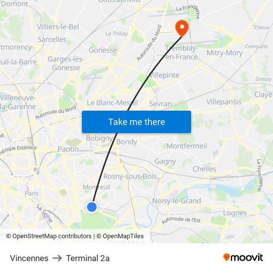 Vincennes to Terminal 2a map