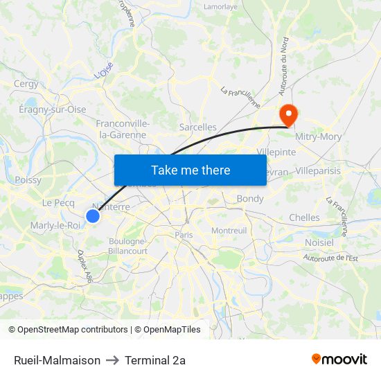 Rueil-Malmaison to Terminal 2a map