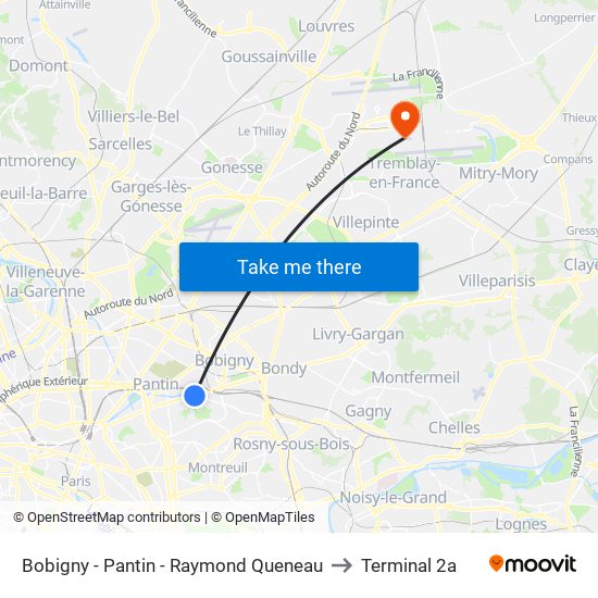 Bobigny - Pantin - Raymond Queneau to Terminal 2a map