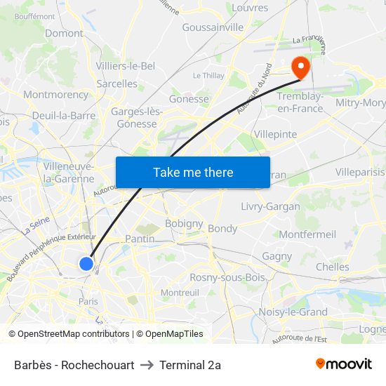 Barbès - Rochechouart to Terminal 2a map
