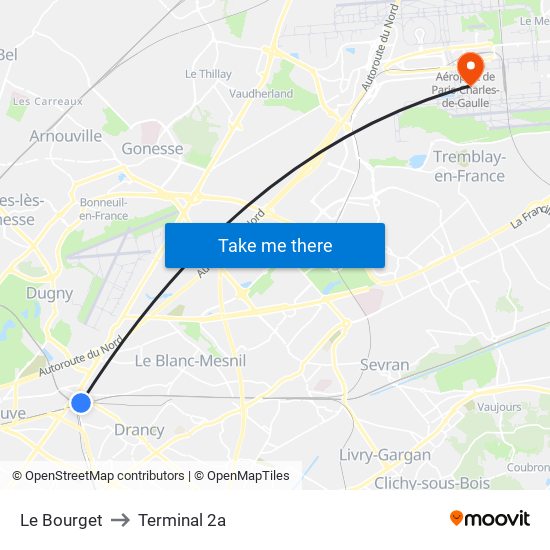 Le Bourget to Terminal 2a map