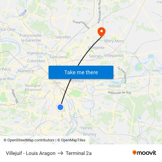 Villejuif - Louis Aragon to Terminal 2a map
