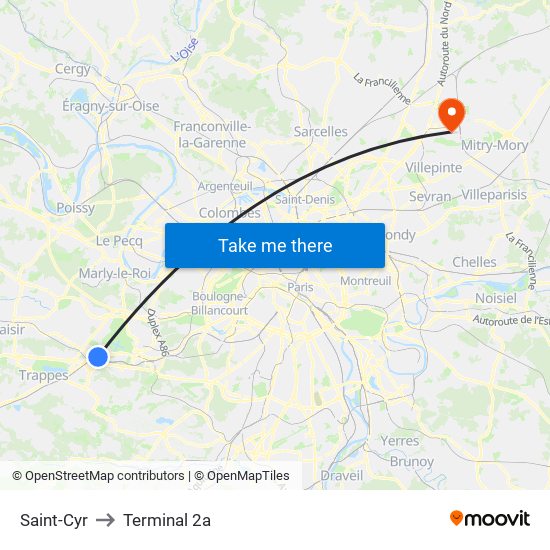 Saint-Cyr to Terminal 2a map