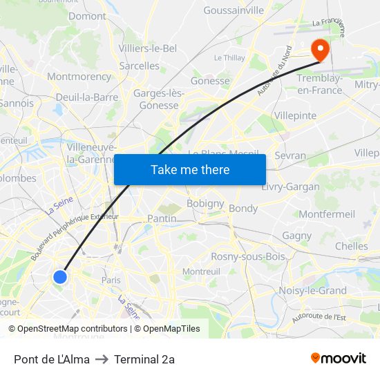 Pont de L'Alma to Terminal 2a map