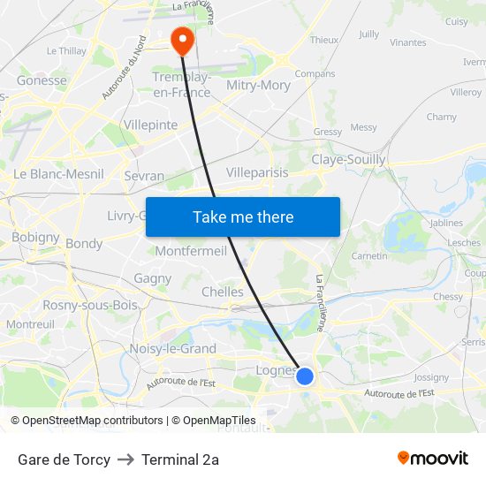 Gare de Torcy to Terminal 2a map