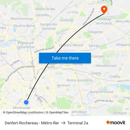 Denfert-Rochereau - Métro-Rer to Terminal 2a map