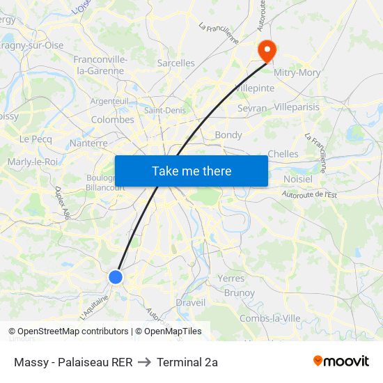 Massy - Palaiseau RER to Terminal 2a map