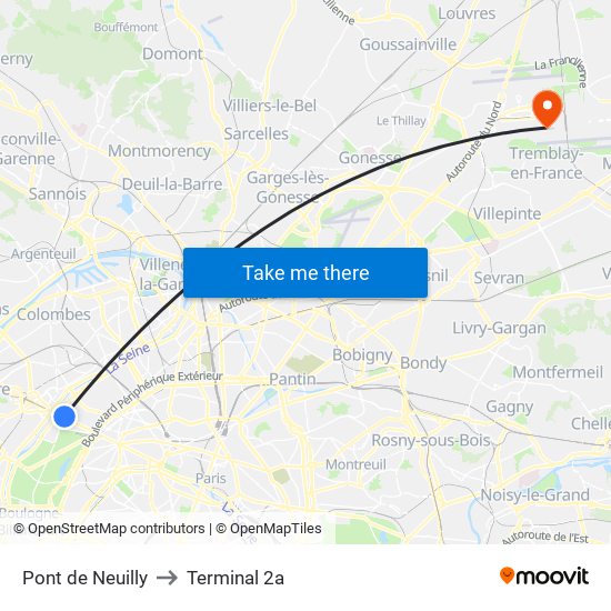 Pont de Neuilly to Terminal 2a map