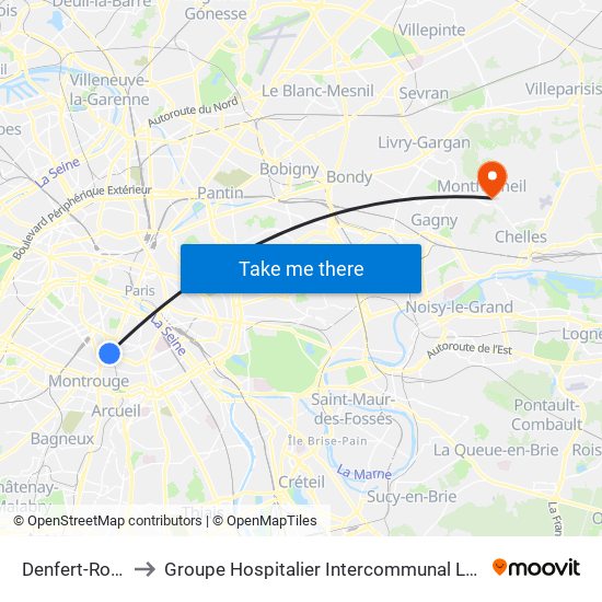 Denfert-Rochereau to Groupe Hospitalier Intercommunal Le Raincy-Montfermeil map