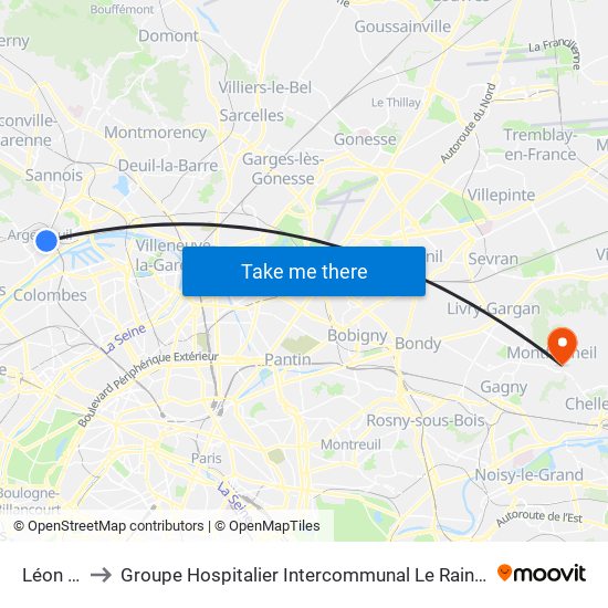 Léon Feix to Groupe Hospitalier Intercommunal Le Raincy-Montfermeil map