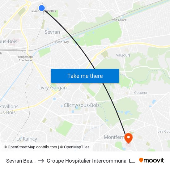 Sevran Beaudottes to Groupe Hospitalier Intercommunal Le Raincy-Montfermeil map