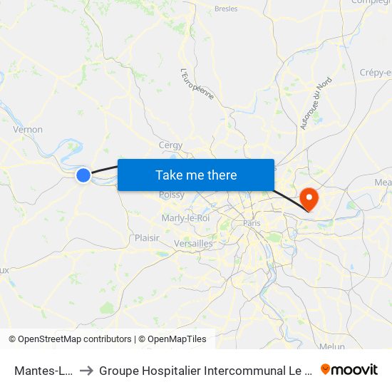 Mantes-La-Jolie to Groupe Hospitalier Intercommunal Le Raincy-Montfermeil map