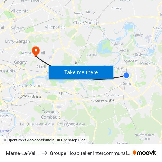 Marne-La-Vallée Chessy to Groupe Hospitalier Intercommunal Le Raincy-Montfermeil map