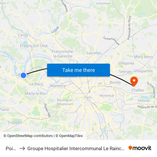 Poissy to Groupe Hospitalier Intercommunal Le Raincy-Montfermeil map