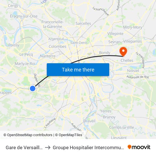 Gare de Versailles - Chantiers to Groupe Hospitalier Intercommunal Le Raincy-Montfermeil map