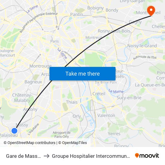 Gare de Massy-Palaiseau to Groupe Hospitalier Intercommunal Le Raincy-Montfermeil map