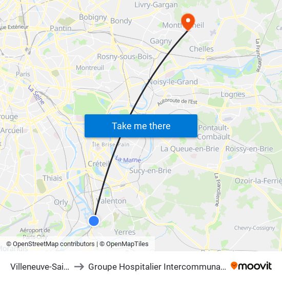 Villeneuve-Saint-Georges to Groupe Hospitalier Intercommunal Le Raincy-Montfermeil map