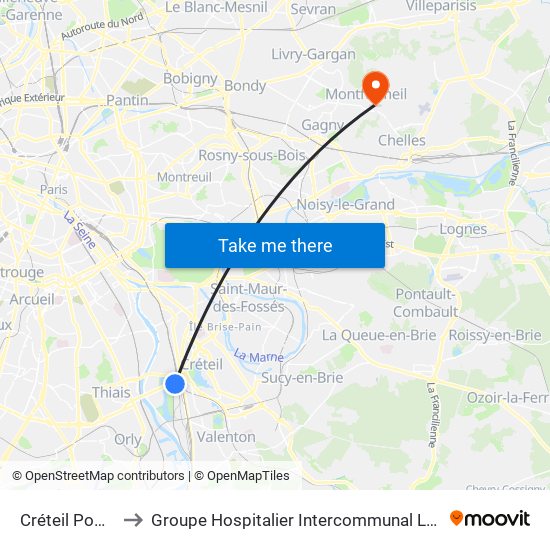 Créteil Pompadour to Groupe Hospitalier Intercommunal Le Raincy-Montfermeil map