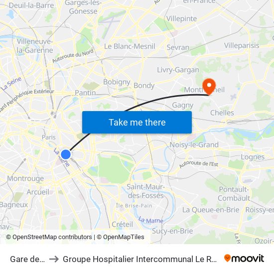 Gare de Lyon to Groupe Hospitalier Intercommunal Le Raincy-Montfermeil map