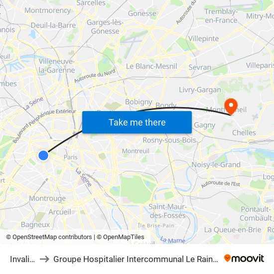 Invalides to Groupe Hospitalier Intercommunal Le Raincy-Montfermeil map