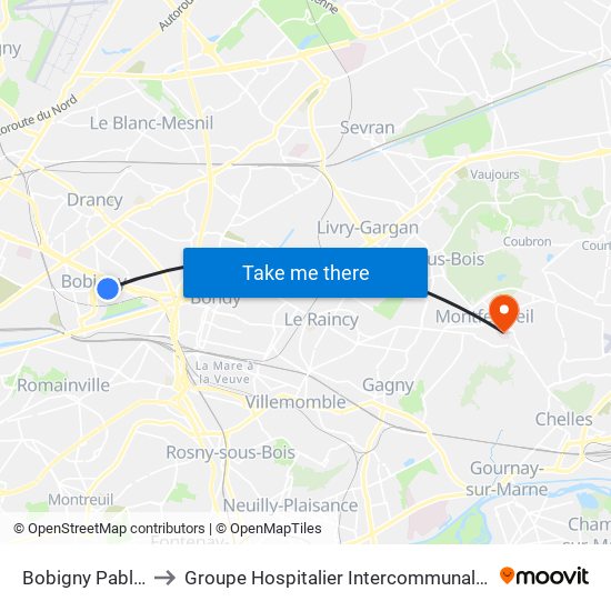 Bobigny Pablo Picasso to Groupe Hospitalier Intercommunal Le Raincy-Montfermeil map