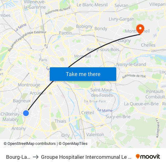 Bourg-La-Reine to Groupe Hospitalier Intercommunal Le Raincy-Montfermeil map
