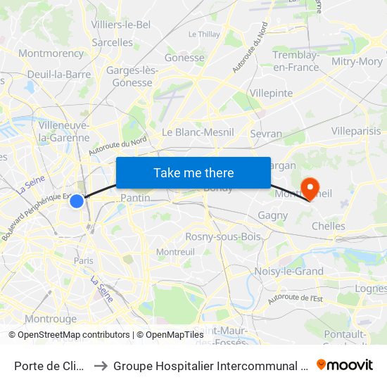 Porte de Clignancourt to Groupe Hospitalier Intercommunal Le Raincy-Montfermeil map