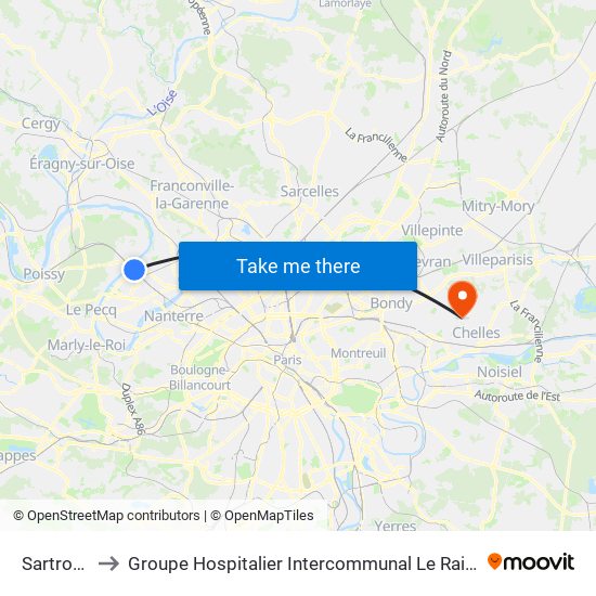 Sartrouville to Groupe Hospitalier Intercommunal Le Raincy-Montfermeil map