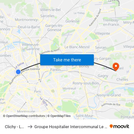 Clichy - Levallois to Groupe Hospitalier Intercommunal Le Raincy-Montfermeil map