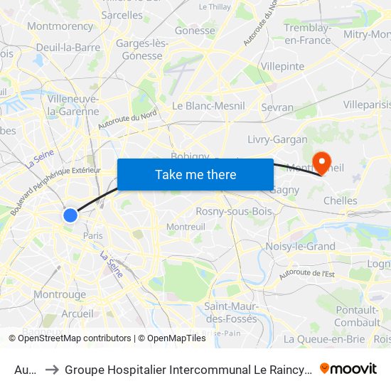 Auber to Groupe Hospitalier Intercommunal Le Raincy-Montfermeil map
