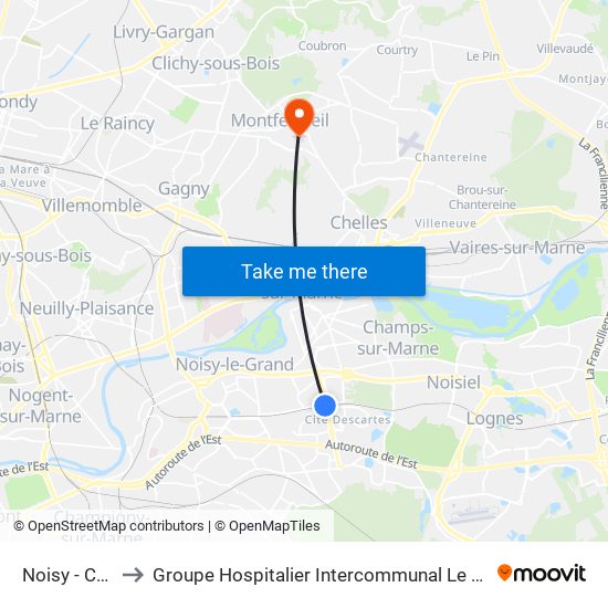 Noisy - Champs to Groupe Hospitalier Intercommunal Le Raincy-Montfermeil map