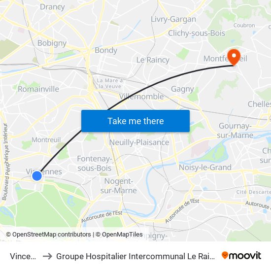 Vincennes to Groupe Hospitalier Intercommunal Le Raincy-Montfermeil map