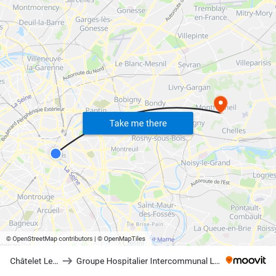 Châtelet Les Halles to Groupe Hospitalier Intercommunal Le Raincy-Montfermeil map