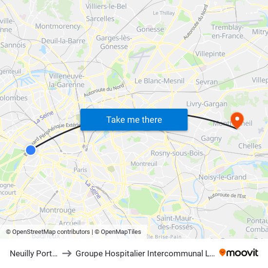 Neuilly Porte Maillot to Groupe Hospitalier Intercommunal Le Raincy-Montfermeil map