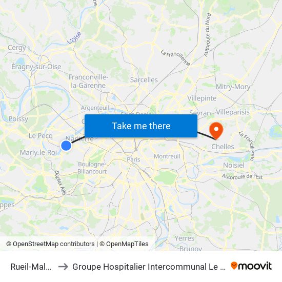 Rueil-Malmaison to Groupe Hospitalier Intercommunal Le Raincy-Montfermeil map