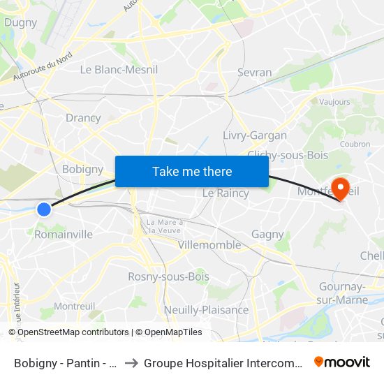 Bobigny - Pantin - Raymond Queneau to Groupe Hospitalier Intercommunal Le Raincy-Montfermeil map