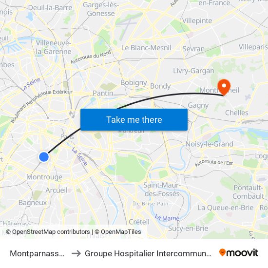 Montparnasse-Bienvenue to Groupe Hospitalier Intercommunal Le Raincy-Montfermeil map
