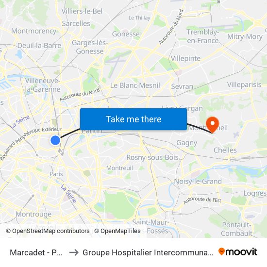 Marcadet - Poissonniers to Groupe Hospitalier Intercommunal Le Raincy-Montfermeil map
