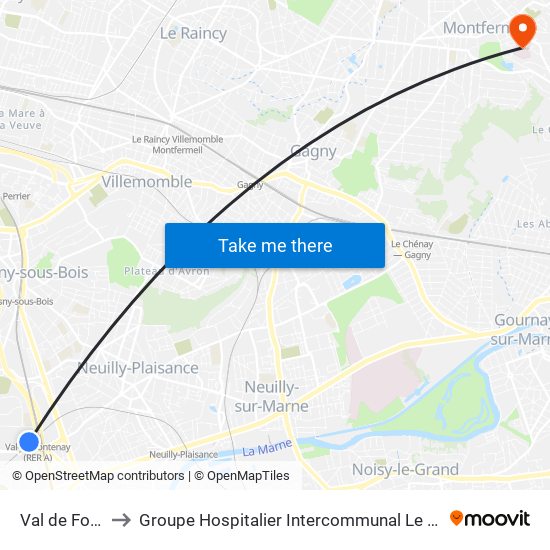 Val de Fontenay to Groupe Hospitalier Intercommunal Le Raincy-Montfermeil map