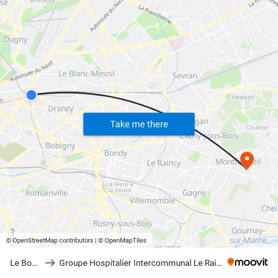 Le Bourget to Groupe Hospitalier Intercommunal Le Raincy-Montfermeil map