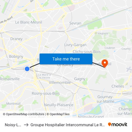 Noisy-Le-Sec to Groupe Hospitalier Intercommunal Le Raincy-Montfermeil map