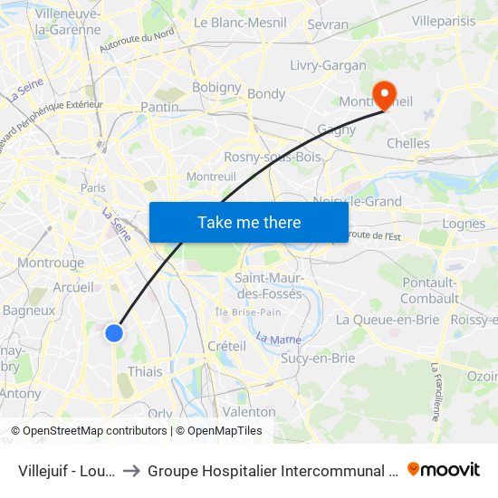Villejuif - Louis Aragon to Groupe Hospitalier Intercommunal Le Raincy-Montfermeil map