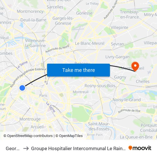 George V to Groupe Hospitalier Intercommunal Le Raincy-Montfermeil map