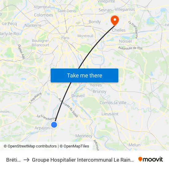 Brétigny to Groupe Hospitalier Intercommunal Le Raincy-Montfermeil map