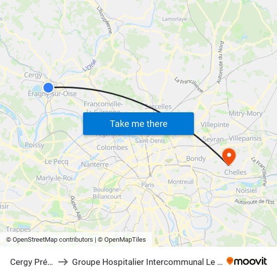 Cergy Préfecture to Groupe Hospitalier Intercommunal Le Raincy-Montfermeil map